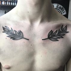 a man's chest with two leaves on it and an arrow in the middle