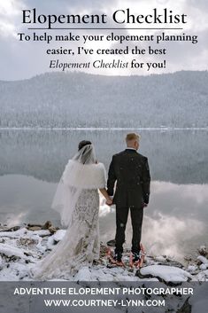 a bride and groom holding hands while looking out at the water with an ad for elopement checklist