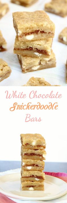 white chocolate snickkerboodle bars stacked on top of each other