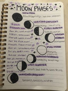 a spiral notebook with moon phases written on it