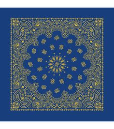 a blue and gold square scarf with an ornate design on the center, in two different colors