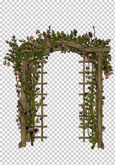 an arch made out of wood with pink flowers on the side and green vines growing over it