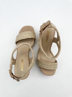 Tan platform sandal Braided straw like material Woven detail Adjustable ankle strap 4" slant platform Fit: True to size Tan Platform Sandals, First They Came, Knitting Materials, Shoe Box, Platform Sandals, Apparel Accessories, Ankle Strap, Straw, Sandals