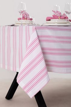 Easter Table Set- Pink - FineFamilyGoods63x 94 Striped Tablecloth, Easter Table Setting, Easter Tablecloth, Pink Tablecloth, Pink Napkins, Easter Table Settings, Christmas Bedding, Striped Table, Napkin Holders