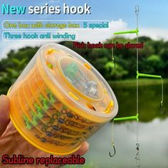 a person holding a plastic cup with fishing lures in it and instructions on how to hook them