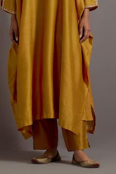 Buy Yellow Chanderi Hand Embroidered Zari Notched Yoke Kaftan With Pant For Women by Deep Thee Online at Aza Fashions. Yellow Kaftan, Eid Party, Pant Women, Pant For Women, Luxury Sale, Pants Pattern, Modern Bride, Straight Pants, Aza Fashion