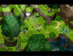 an image of a game screen with trees and flowers