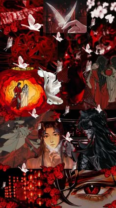 a collage of anime characters surrounded by red and white flowers with butterflies in the background