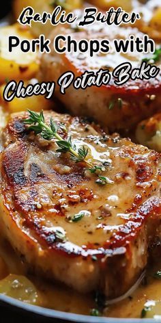 Garlic Butter Pork Chops with Cheesy Potato Bake What Goes Well With Pork Chops, Creamy Garlic Pork Chops With Potatoes, Pork Chops And Au Gratin Potatoes, Creamy Garlic Pork Chops With Cheesy Potatoes, Best Ever Pork Chops, Pork Chop Breading Recipes, Garlic Butter Pork Chops With Cheesy Potatoes, Pork Chops And Cheesy Potatoes, Cheesy Pork Chops And Potatoes