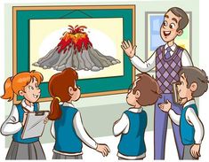 a group of children standing in front of a volcano on a screen with an adult pointing at it