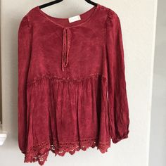 Nwt Altar’d State Blouse Fall Rayon Tops For Day Out, Fall Day Out Rayon Tops, Rayon Tops For Fall Day Out, Red Long-sleeve Peasant Top For Spring, Casual Long Sleeve Burgundy Blouse, Red Cotton Blouse For Brunch, Casual Red V-neck Peasant Top, Fall Flowy Red Blouse, Flowy Red Blouse For Fall