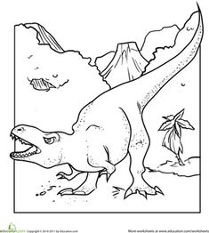 an adult dinosaur with its mouth open in front of mountains and trees, coloring page