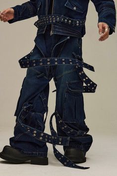 FLYERRER Paneled Double-Layered Riveted Strap Jeans | PROJECTISR US Men’s Couture Fashion, Jean Paul Gaultier 80s, Men Streetwear Outfits Urban Fashion, Vogue Poses Men, Men’s High Fashion, Jeans Design Ideas, Rave Jeans, Deconstruction Fashion, Concept Fashion