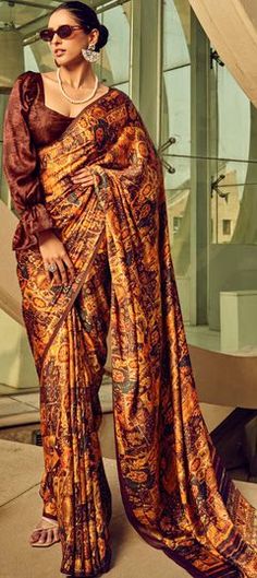 Multicolor color Saree in Satin Silk, Silk fabric with Digital Print work Multicolored Saree, Orange Saree, Crepe Saree, Satin Saree, Brown Satin, Latest Sarees, Wear Saree, Silk Sarees Online, Traditional Sarees