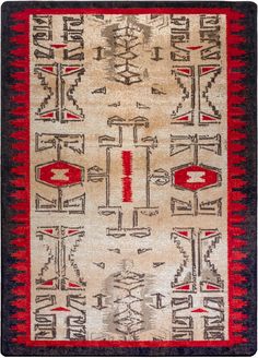 an old rug with red, black and white designs on the bottom half of it