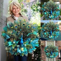 a woman standing next to a peacock wreath