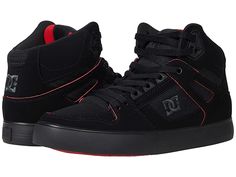 DC Pure High-Top WC - Men's Skate Shoes : Black/Red/White : Bring clean, classic skate style to your everyday with the DC Pure High-Top WC skateboard shoes! Skate shoes in a high-top silhouette. Leather, nubuck, suede, or canvas upper with premium textile quarter. Foam padded tongue and collar for added comfort and support. Mesh lining for breathable wear. Wrap cupsole construction for long-lasting durability. Abrasion-resistant sticky rubber outsole. Outsole features DC's trademarked Pill patte Leather Skate Shoes With Boost Midsole, Leather High-top Sneakers With Padded Tongue For Streetwear, Mid-top Suede Skate Shoes With Boost Midsole, Canvas High-top Sneakers With Contrast Sole For Skateboarding, High-top Suede Skate Shoes With Branded Insole, Leather High-top Sneakers With Boost Midsole For Skateboarding, High-top Sneakers With Padded Tongue For Streetwear, Leather High-top Sneakers With Padded Tongue, Mid-top Suede Skate Shoes With Rubber Sole