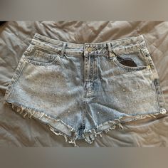 Brand New Denim Blue Wash Rhinestone Shorts! From White Fox, Tags On Size Is An Xl Would Fit A Us 8-10. I Wear A Us 12 And They Were Tight. Rhinestone Denim Jean Shorts, Casual Denim Blue Bottoms With Rhinestones, Blue Denim Jean Shorts With Rhinestones, Casual Medium Wash Rhinestones Bottoms, Denim Bottoms With Rhinestones, Short Length, Denim Bottoms With Rhinestones Short Length, Denim Rhinestone-embellished Short Bottoms, Casual Jean Shorts With Rhinestones, Rhinestone-embellished Short Denim Bottoms