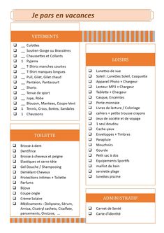 an orange and white checklist with the words,'le pars en vacanes '