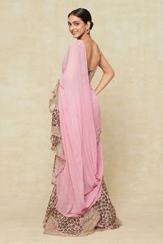 Pink pre-draped saree with geometric embroidered ruffle palla. Comes with matching embroidered blouse. - Aza Fashions Ruffled Pre-draped Saree For Diwali, Pre-draped Georgette Dress With Zari Work, Designer Georgette Dupatta With Draped Sleeves, Pre-draped Georgette Lehenga For Designer Wear, Pre-draped Saree Dress With Zari Work, Designer Silk Pre-draped Saree With Draped Sleeves, Ruffled Dupatta For Reception With Traditional Drape, Festive Draped Choli With Ruffles, Festive Draped Ruffle Choli