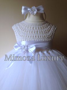 White Flower girl dress tutu dress bridesmaid by MimozaLuxury Elegant Tutu Dress With Tulle Skirt For Birthday, Elegant Birthday Princess Dress With Tulle Skirt, Elegant Princess Dress With Tulle Skirt For Birthday, Elegant Fitted Tutu Dress For Birthday, Fitted Tulle Baptism Dress For Party, White Crochet Wedding Dress, Elegant Fitted Baptism Dress With Tulle Skirt, Wedding Crochet Lace Dresses, Elegant Handmade Fitted Dresses