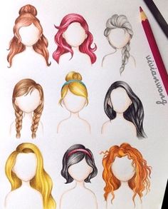 a drawing of different colored hair styles on a paper with pencils next to it