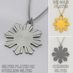 "This Philippines golden sun necklace comes in either silver plating, sterling silver, oxidised silver or 18k gold plated sterling silver. This necklace is hypoallergenic and free from brass, nickel, and lead. ITEM DETAILS The pendant is 3/4in (20mm), with an 18in (48cm) curb chain and 2in (5cm) extension. For the sterling silver version, the charms & chains are solid 925 sterling silver. If you opt for the oxidised sterling silver necklace, please note that oxidised necklaces are dark grey / light black on the edges and not full on black. The gold-plated necklaces are plated with 18k gold. There is also an option to upgrade your charm to a larger version of 1in (24mm). Please note that our necklace length image is a guide only. The necklace may sit lower or higher depending on a person's Filipino Necklace, Filipino Flag, Philippines Flag, Oxidized Necklace, Sun Necklace, Golden Sun, Oxidized Silver, Oxidized Sterling Silver, Gold Plated Necklace