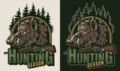 two logos for hunting season with an image of a boar