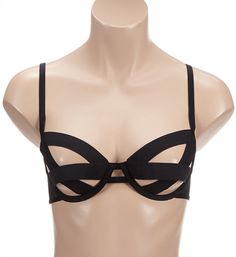 This naughty bra will feel barely there, with two bands of elastic crossing over each of the cups that reveal a lot of extra skin. Made from polyamide and elastane. Underwire open cups are unlined (unpadded) with a wide X-shape of elastic across the center. Sweetheart shaped neckline has a band of elastic at the top of the cup for fit. Center - low corded center panel. Stretch mesh sides show a hint of skin and have elastic edges. Adjustable elastic straps with coated metal hardware. Hook-and-ey Stretch Underwire Bra With Straps, Party Bandeau Bra With Padded Cups, Party Nylon Bra With Padded Cups, Fitted Strappy Bra With Padded Cups, Fitted Strappy Bra With Removable Pads, Party Bra With Removable Pads In Nylon, Party Bra With Padded Cups, Black Nylon Bra With Straps, Fitted Low-cut Bra With Straps