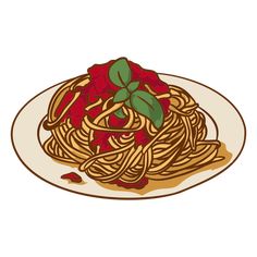 a plate of spaghetti with sauce and basil on the side, ready to be eaten