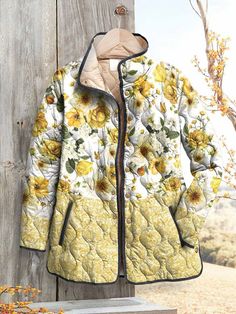 Fresh Yellow Flower Mosaic Decorative Pattern Casual Quilted Cardigan Casual Multicolor Outerwear With Floral Patchwork, Patterned Patchwork Outerwear For Fall, Casual Floral Patchwork Outerwear For Winter, Casual Winter Outerwear With Floral Patchwork, Spring Multicolor Floral Patchwork Outerwear, Casual Floral Patchwork Outerwear For Spring, Spring Patchwork Outerwear, Patterned Long Sleeve Patchwork Outerwear, Casual Multicolor Floral Print Outerwear