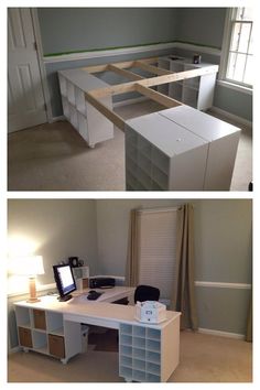 two pictures of the same desk in different stages of being built, and before and after remodeling