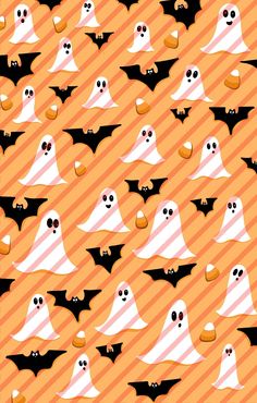 a group of halloween ghost and pumpkins on an orange striped background with diagonal stripes