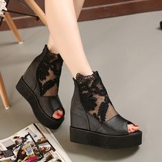 Fashion Women Lace Shoes Wedge Heels Platform Pumps Sandals High Heel Shoes Women's Platform, Lace 3 Colors Heels Platform Pumps, Black Lace Boots, Lace High Heels, Gothic Shoes, Women Platform Sandals, Lace Shoes, Summer Boots, Lace Heels, Heels Platform