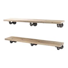 two wooden shelves with wheels on them