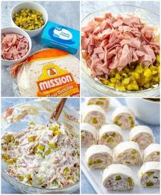 four pictures showing different types of food including ham, corn, and cheeses in bowls