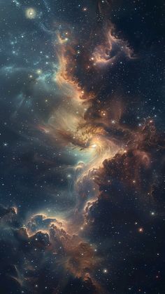 an image of some very pretty stars in the night sky with clouds and bright lights