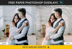 a couple hugging each other in front of a white background with text that reads free paper photoshop overlays