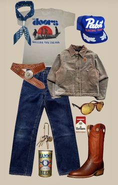 Cowgirl Outfits Men, Calgary Stampede Outfits Men, Modern 70s Mens Fashion, 70s Trucker Style, Western Wear Men Casual, Western Americana Fashion, 70s Country Fashion Men, Summer 70s Outfits Men, Americana Outfit Men