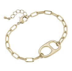 Channel your inner Sarah Cameron with this soda tab bracelet! We are loving how unique this design is, + you can’t forget to pair it with the matching Sarah Cameron Necklace. 7” adjustable chain gold plated Casual Gold Metal Jewelry, Casual Gold Jewelry With Adjustable Chain, Casual Gold Metal Bracelet, Casual Gold Metal Bracelets, Casual Gold Metal Chain Bracelet, Adjustable Metal Paperclip Bracelet With Lobster Clasp, Casual Gold Nickel-free Jewelry, Casual Gold Jewelry With Lobster Clasp, Soda Tab Chain