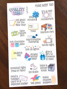 a sticker that says quality time and features images of things to do with them