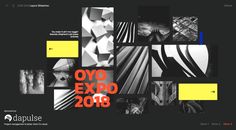 an advertisement for the oyo expo is shown in black and white with yellow accents