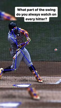 a baseball player swinging at a ball with the caption what part of the swing do you always watch on every hitter?