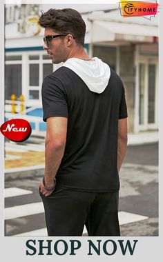 Men's Hooded Short Sleeve T-shirt Black Hooded T-shirt For Sports, Casual Hooded T-shirt With Graphic Print, Hooded Cotton T-shirt For Sports, Hooded Letter Print Top For Summer, Summer Letter Print Hoodie Top, Sporty Hooded T-shirt With Letter Print, Casual Short Sleeve Hoodie With Letter Print, Cotton Hooded Sports T-shirt, Cotton Hooded T-shirt For Sports