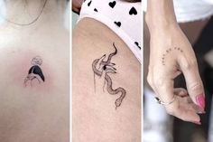 three different tattoos on the back of women's shoulder and upper arm, each with a snake