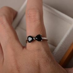 Natural black spinel ring engagement ring heart cut black | Etsy Black Open Ring For Promise, Black Open Ring Jewelry For Promise, Black Double Heart Jewelry For Anniversary, Black Rings For Valentine's Day Formal Occasion, Black Rings For Valentine's Day Formal Events, Black Ring For Valentine's Day Formal Occasion, Elegant Black Rings For Valentine's Day, Black Sapphire Ring With Black Diamonds As Gift, Sterling Silver Promise Ring With Black Diamonds