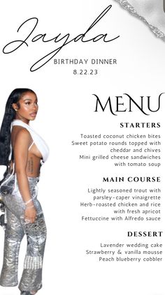 a flyer for a birthday dinner with a woman in silver pants