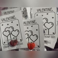 four valentine's day candy bags with hearts and the words valentine, color your heart out on them