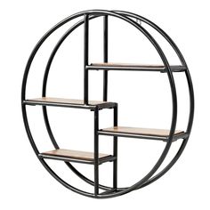 a circular shelf with shelves in the middle and two shelves on each side, along with wooden