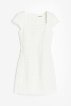 Bouclé Dress - White - Ladies | H&M US 5 Fashion Inspo Instagram, Short Fitted Dress, Inspo Instagram, M Beauty, H&m Women, Square Necklines, Buy Dress, Square Neckline, Fitted Dress